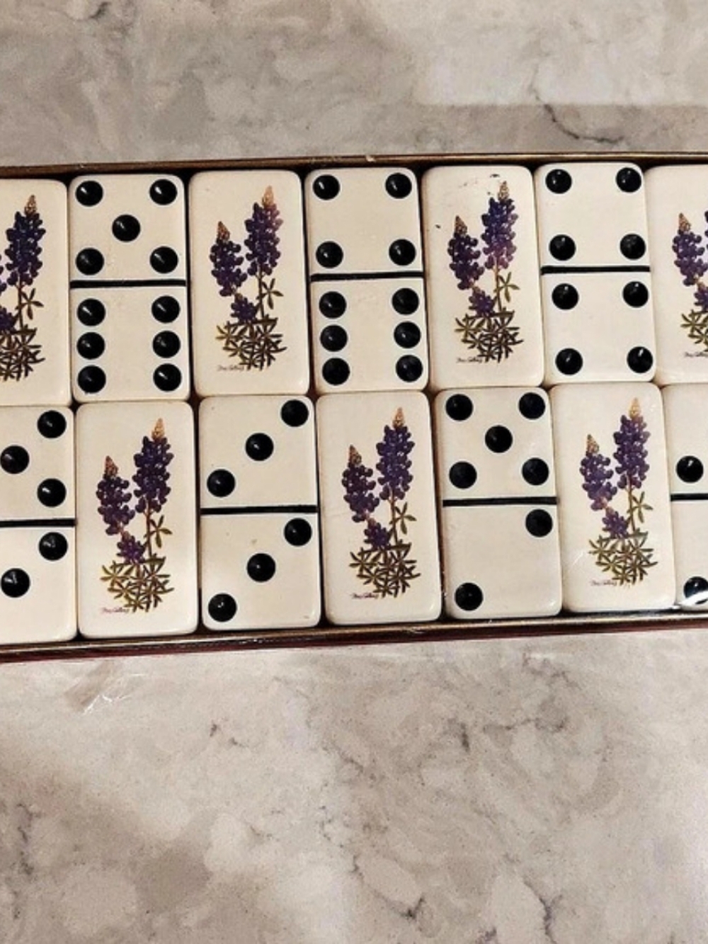 NEW Vintage Puremco "Marblelike" Texas Bluebonnet Dominoes Double-Six Set